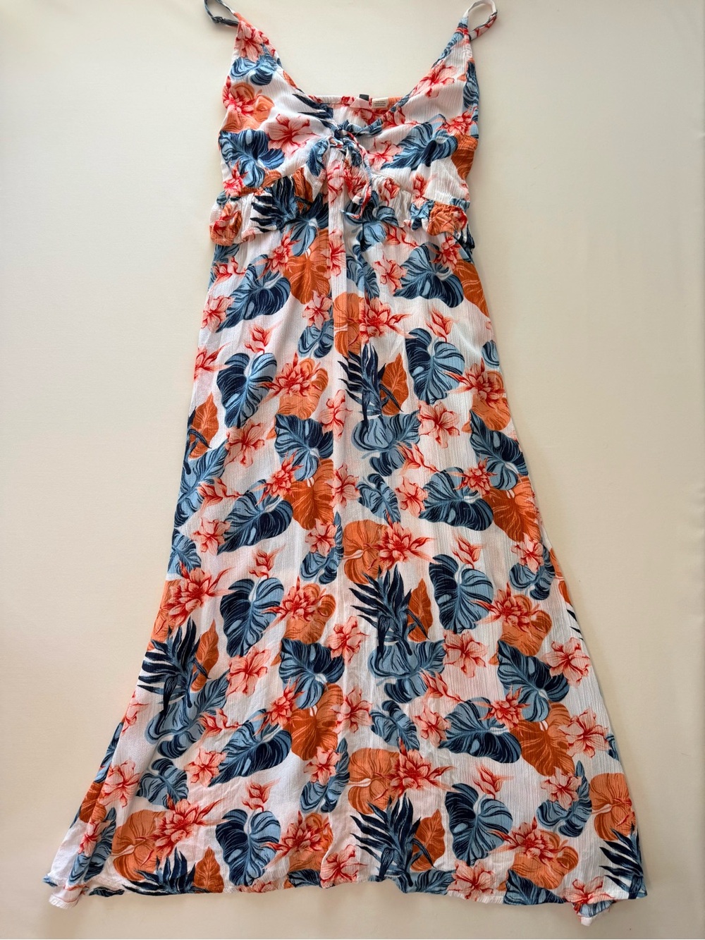 Roxy White Floral Dress with Coral & Navy Accents